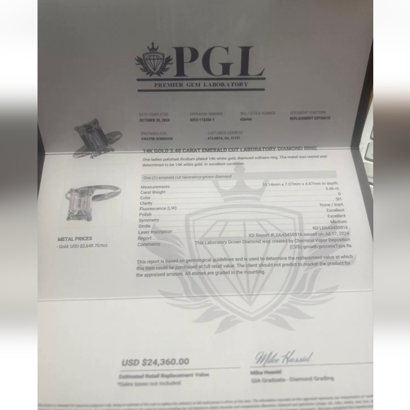 3.46 Lab grown diamond emerald cut 14k white gold engagement ring - Picture 5 of 11